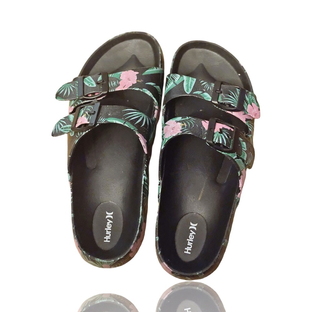 Hurley Womens Floral Slide Sandals Black‎ Pink Tropical Hibiscus EU 38 US 7.5